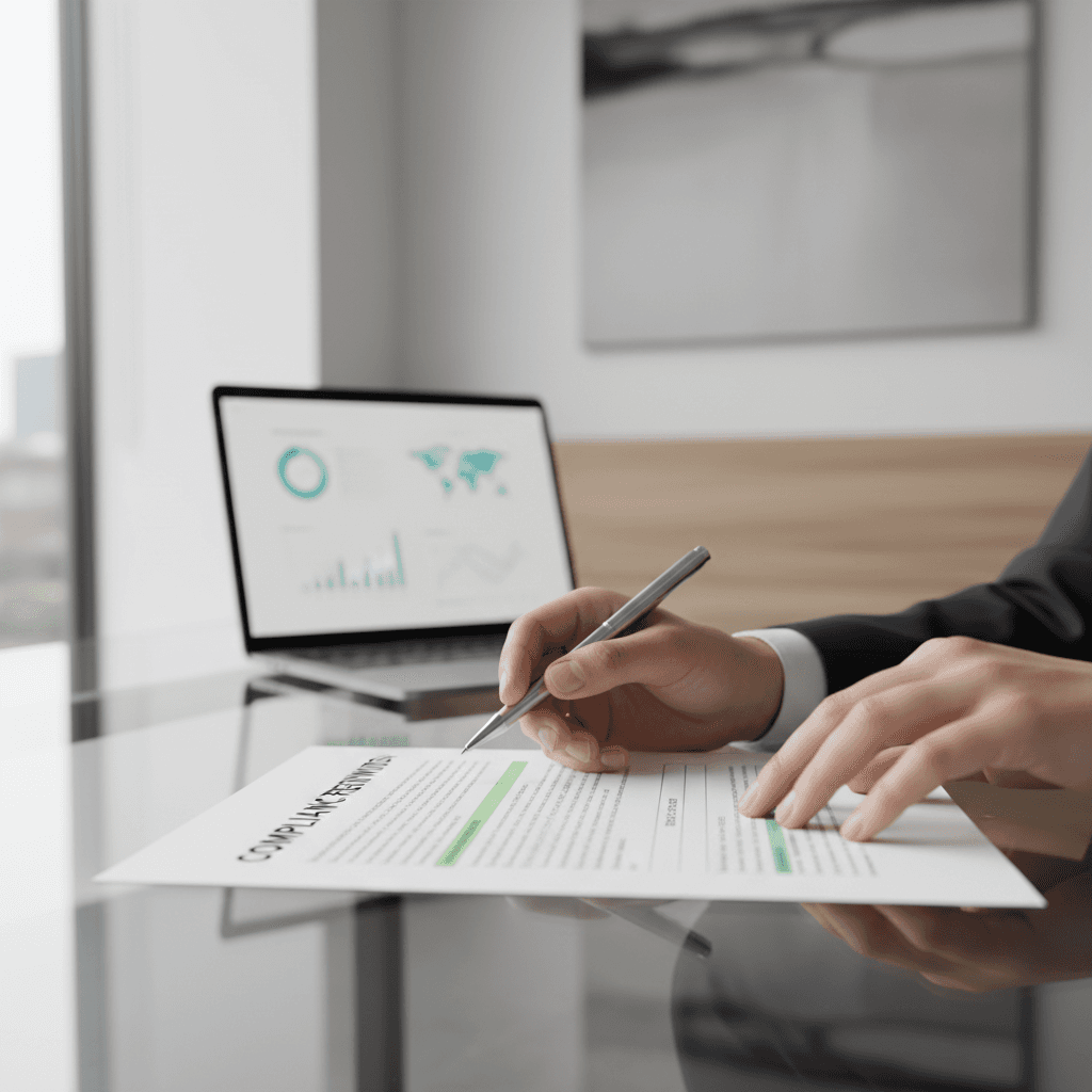 Lawyer's hands reviewing documents and notes at glass desk with laptop showing analytics in background