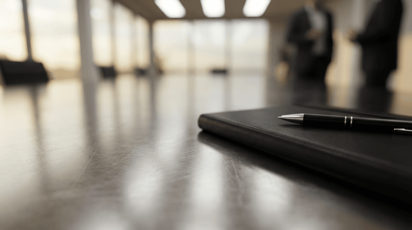 Polished conference table with notebook and pen, soft overhead lighting creating reflections, professional workspace aesthetic.